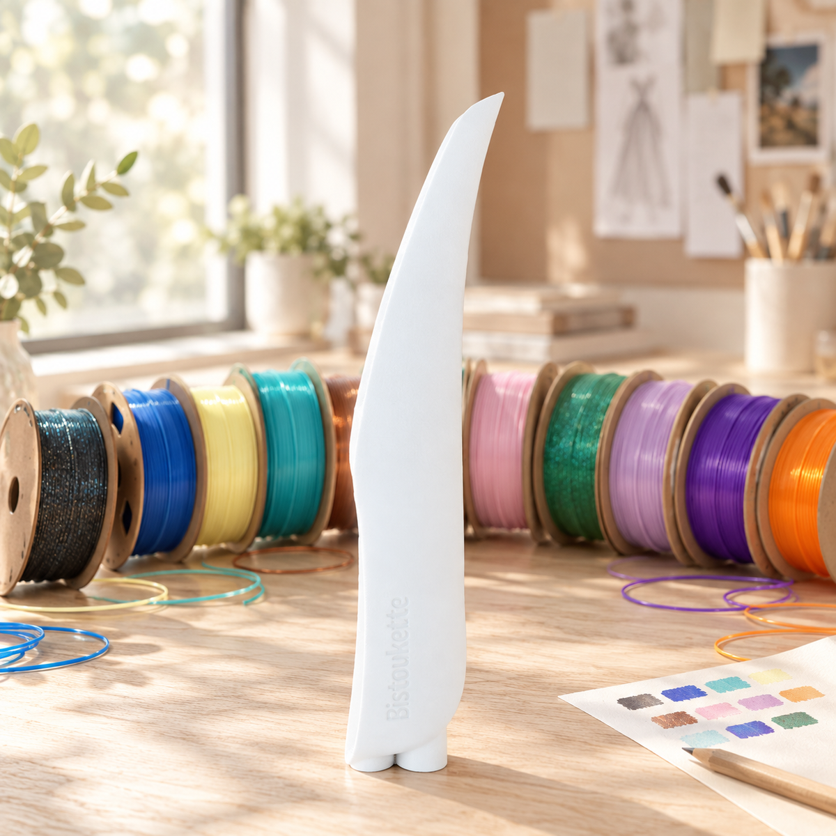 Bistoukette La Personnalisable blanche sur l'établi de l'atelier, entourée de bobines de filament de toutes les couleurs