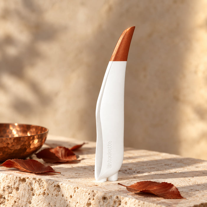 Bistoukette La Bicolore coloris blanche et cuivrée sur une pierre de travertin, près d'une coupelle en cuivre martelé et de feuilles d'automne